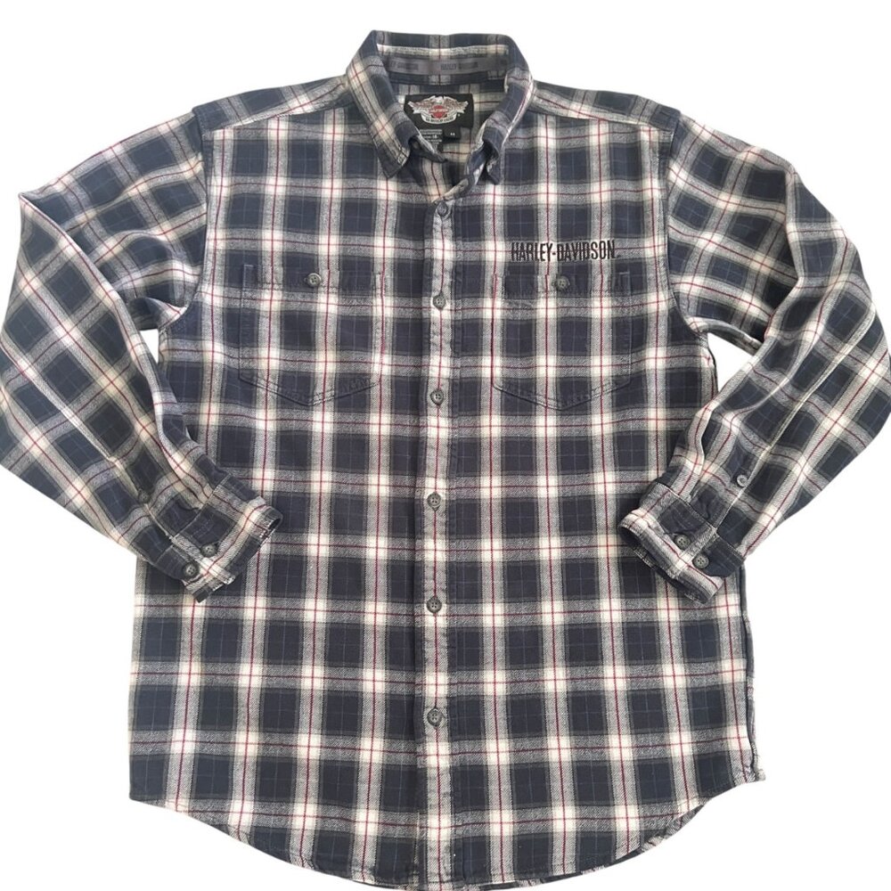 Harley-Davidson Y2K Flannel‎ Shirt M Embroidered Bar & Shield Plaid Bikercore